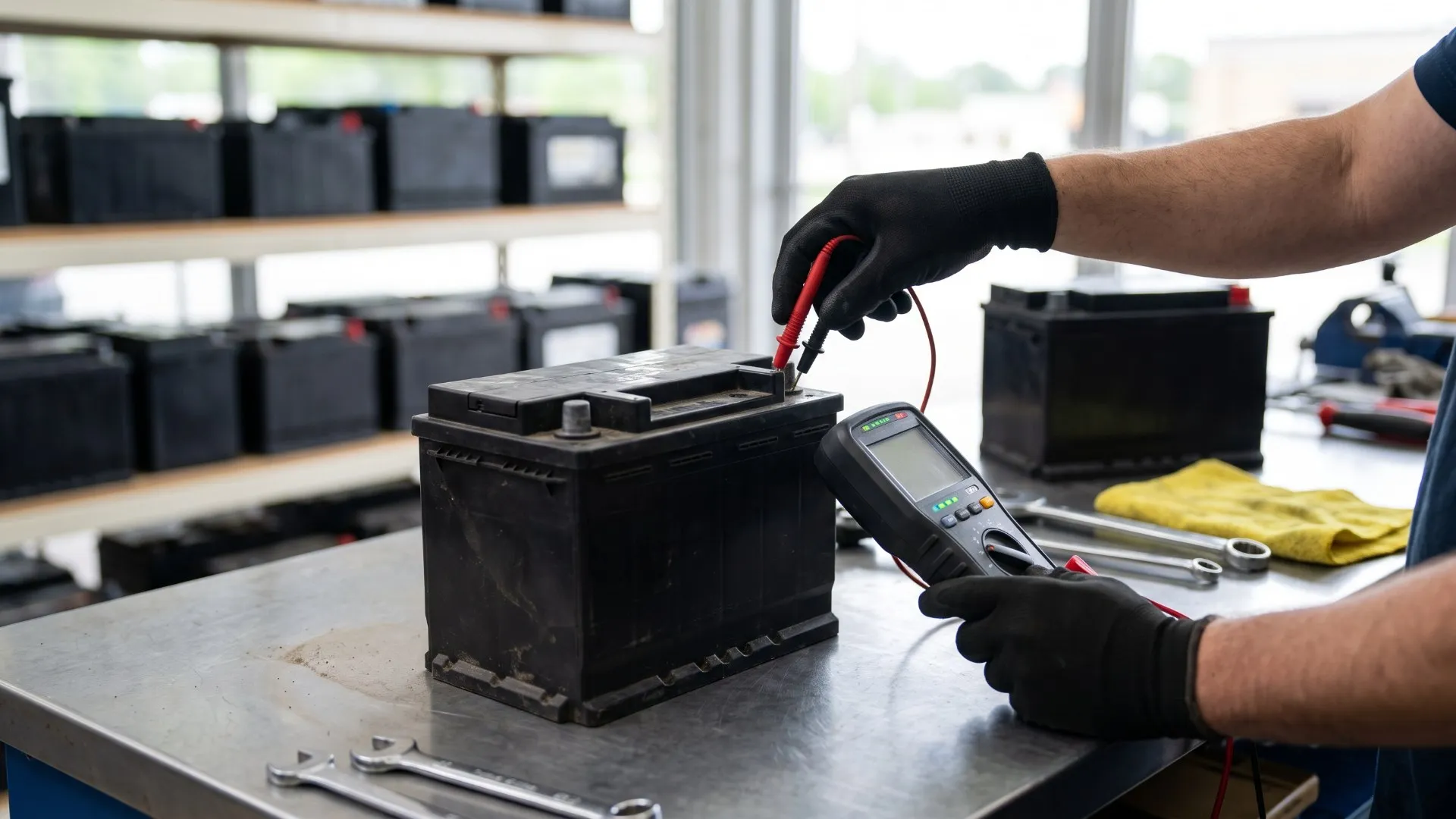 Um técnico de luvas pretas testa uma bateria de carro desgastada com um aparelho diagnóstico em uma bancada de oficina, com prateleiras desfocadas ao fundo.