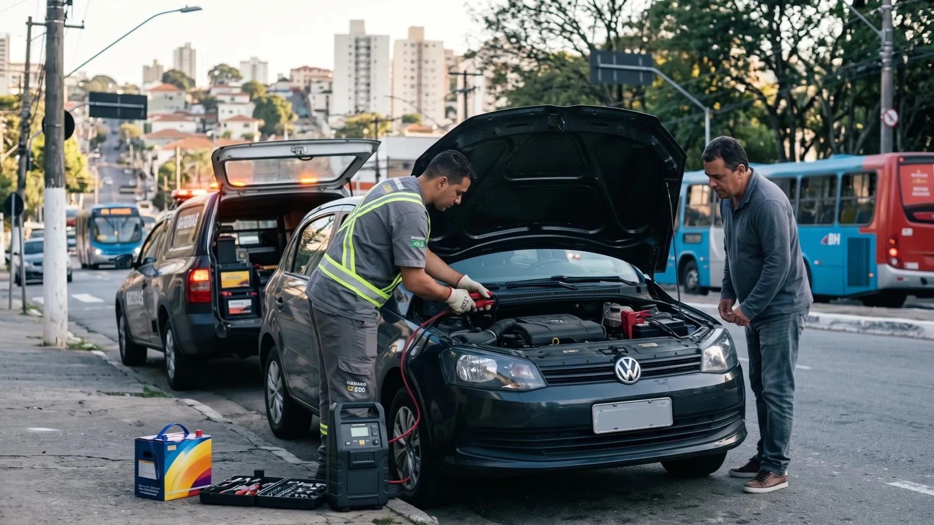 Técnico de colete refletivo dá partida com um auxiliar de bateria num carro de capô aberto, numa rua de Belo Horizonte, enquanto o motorista aguarda ao lado