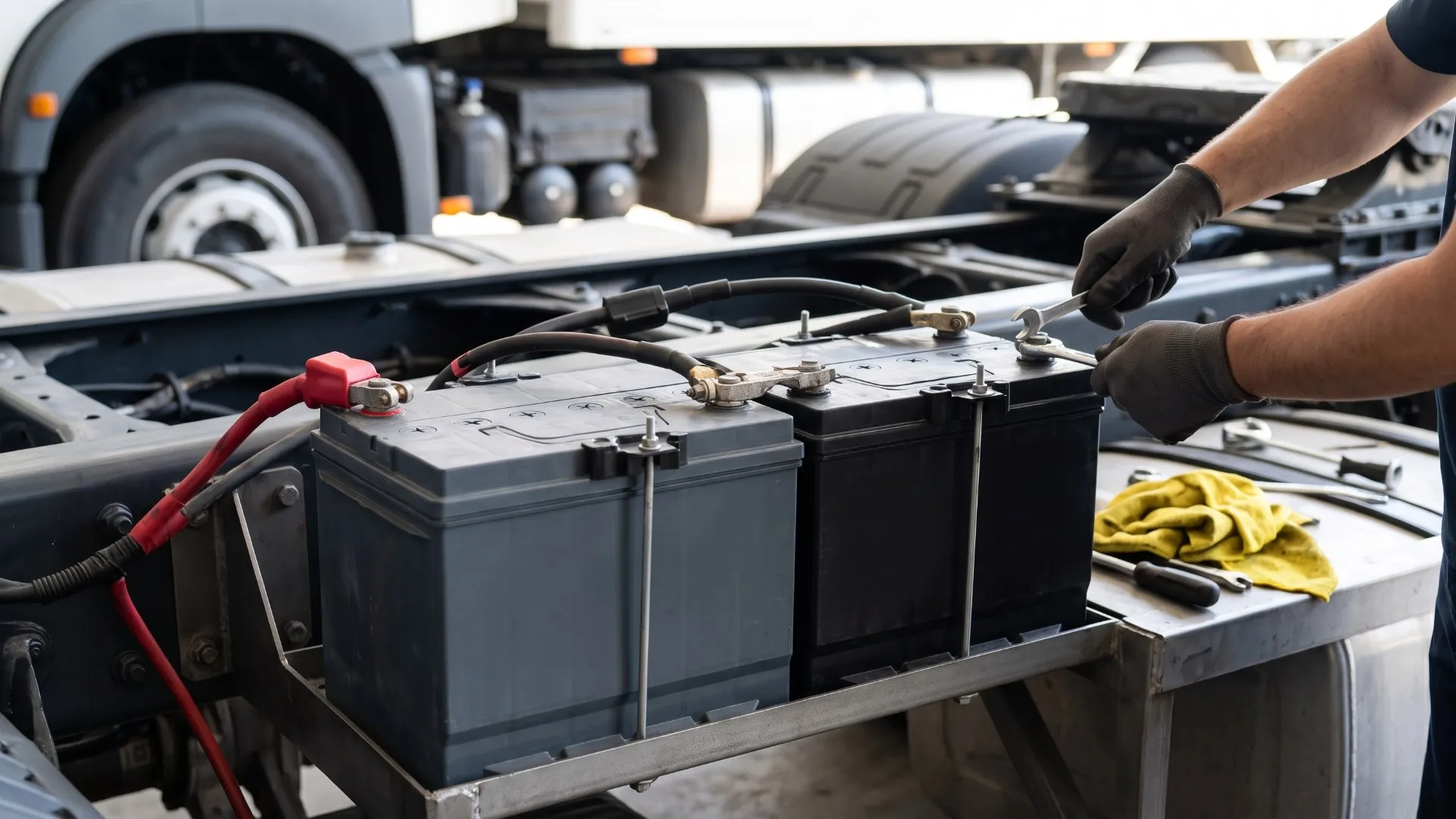 Mãos enluvadas de um mecânico trabalhando com ferramentas no par de baterias de 24V de um caminhão, instalado e conectado no chassi.