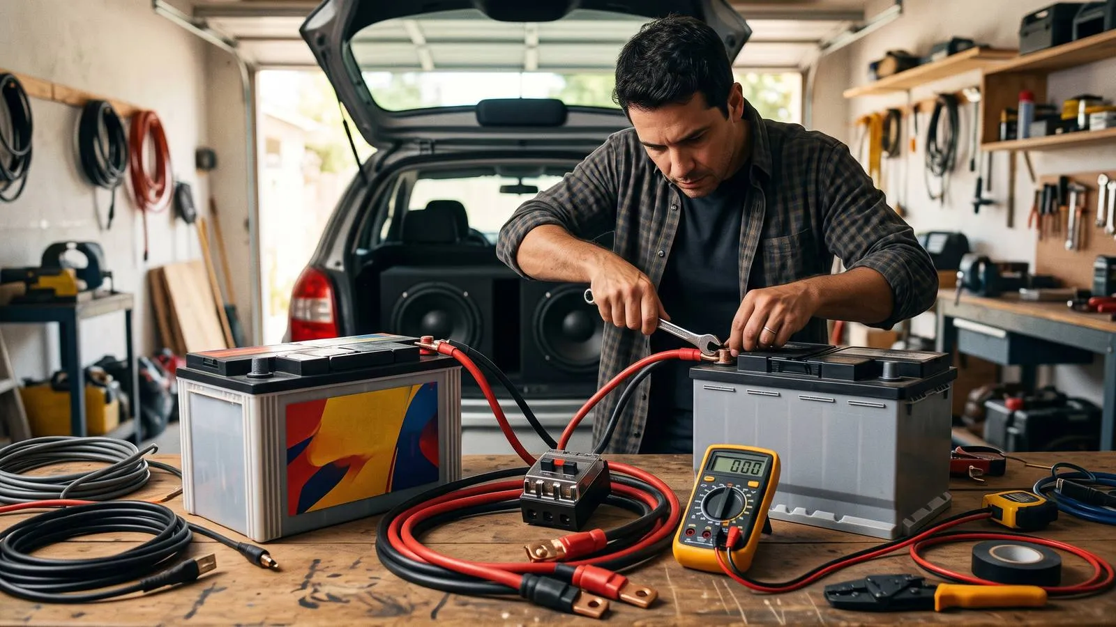 Homem liga com uma chave de boca o cabo da bateria auxiliar ao isolador, na bancada da garagem, com o subwoofer no porta-malas do carro ao fundo
